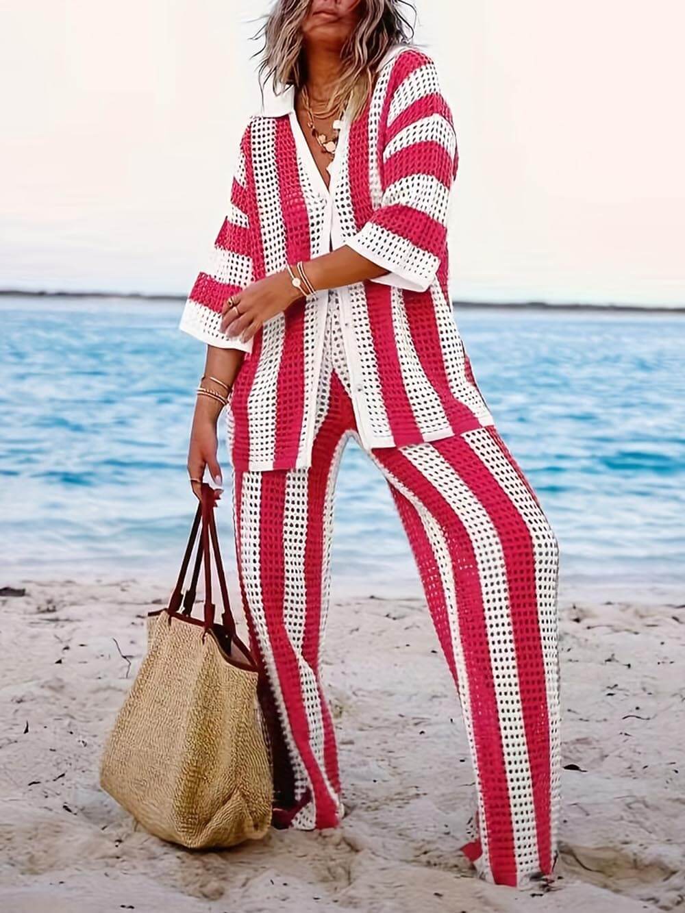 Loose V-Neck Fashion Hollow Out Striped Shirt Wide Leg Pants Set