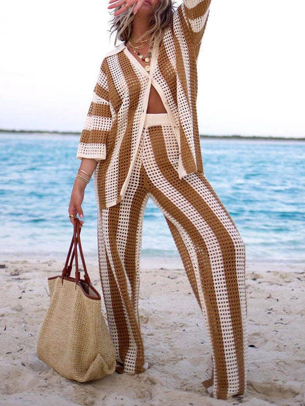 Loose V-Neck Fashion Hollow Out Striped Shirt Wide Leg Pants Set