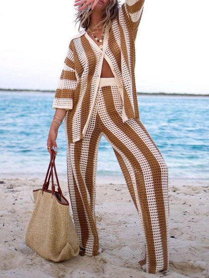 Loose V-Neck Fashion Hollow Out Striped Shirt Wide Leg Pants Set