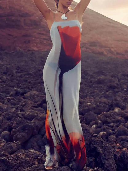 Abstract Tulip Print Vacation Slip H-Line Maxi Dress