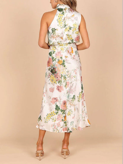 Halter Neck Floral Elastic Waist Maxi Dress