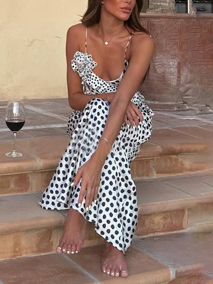Polka Dot Print Fantasy Guipure Ruffled Suspender Maxi  Dress