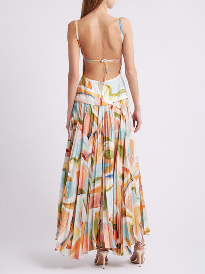 Unique Abstract Print Open Back Pleated Maxi Dress