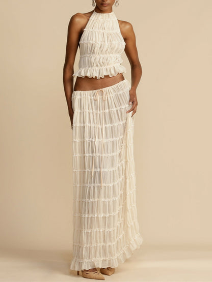 Pleated Drawstring Charm Waist Tiered Maxi Skirt